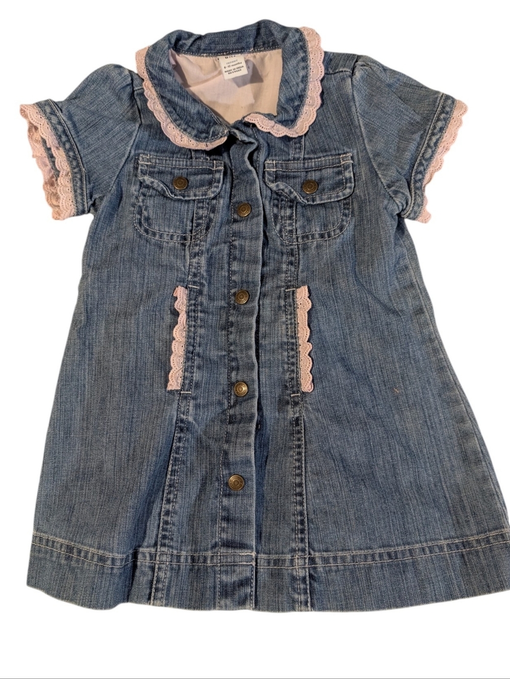 Baby Gap Y2K Infant Girls Denim Pink Lace Eyelet Trim Cotton Dress 6/12 Months